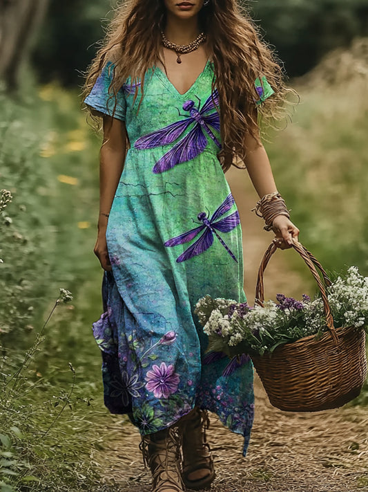 Women's Vintage Dragonfly Art Print Pocket Cotton Dress