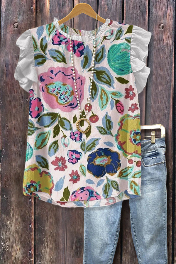 Colorful Floral Print Flutter Sleeve Top