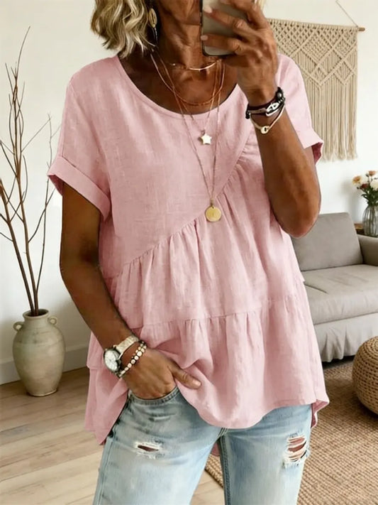Women's Art Print Round Neck Loose Short-sleeved Shirt – Side Tether