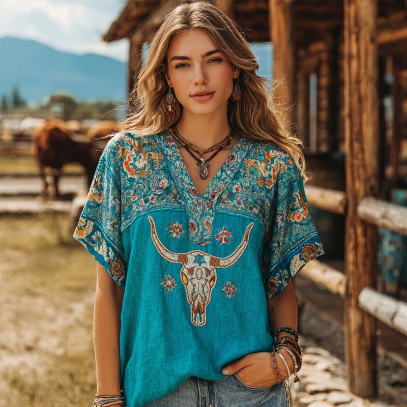 Western Bull Skull & Flowers Embroidered Turquoise Linen Shirt