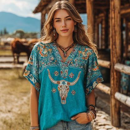Western Bull Skull & Flowers Embroidered Turquoise Linen Shirt