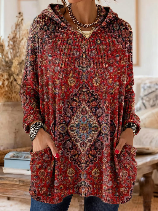 Women's Ethnic Floral Art Print Casual Knitted Pocket Hooded Top