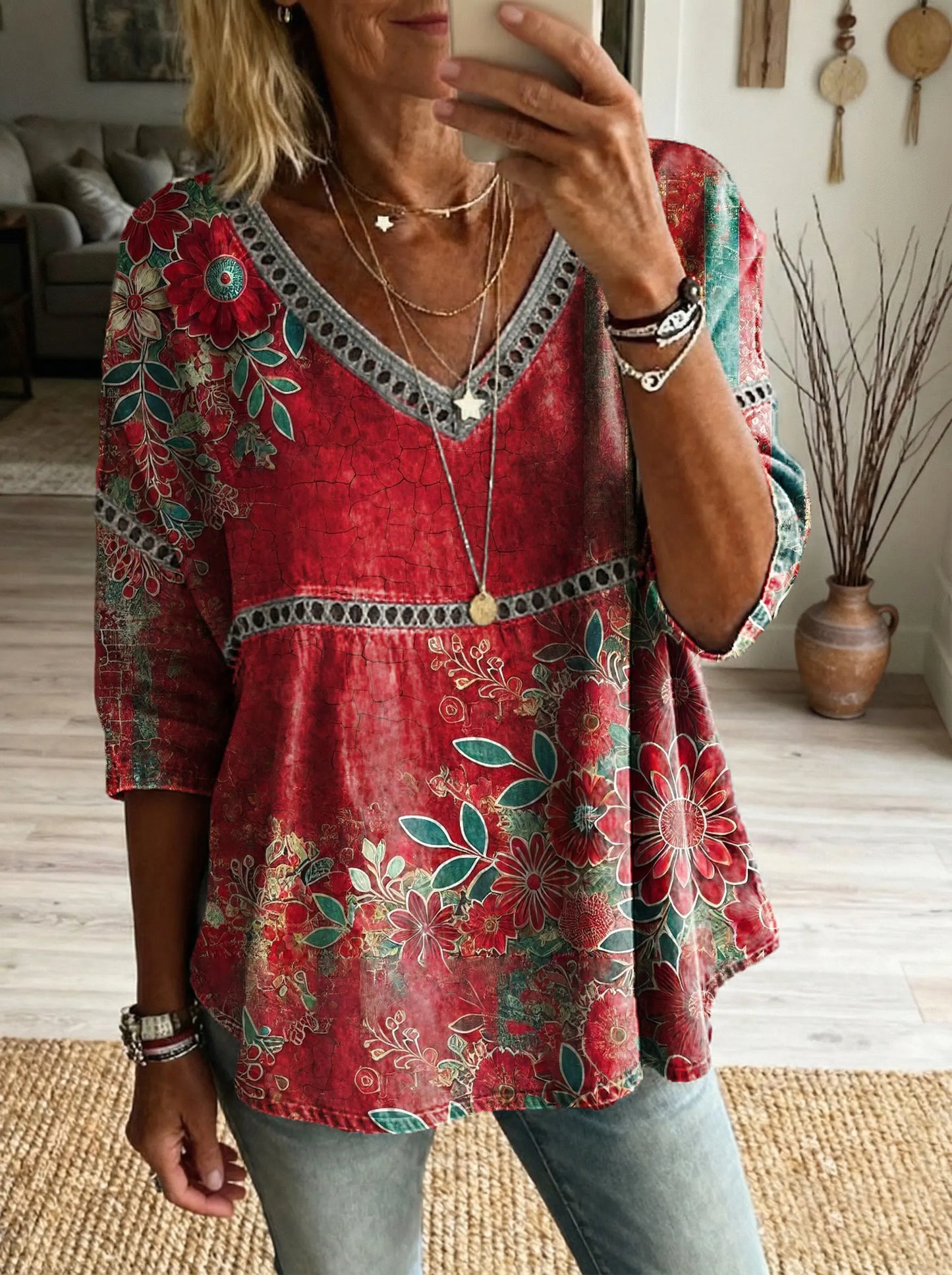Women's Floral Pattern Art Print Casual V-neck Lace-up Top