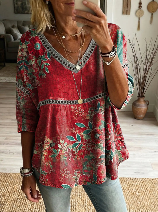 Women's Floral Pattern Art Print Casual V-neck Lace-up Top