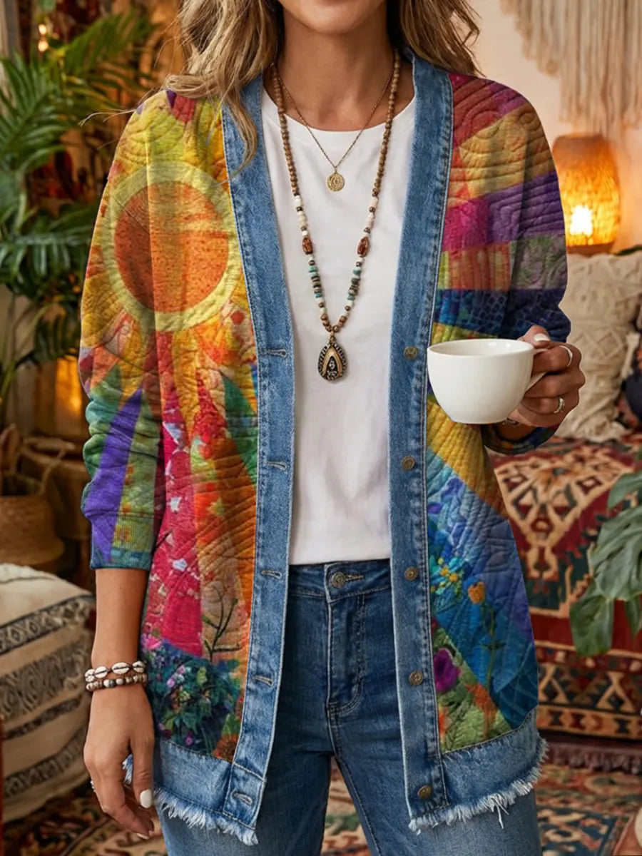 Ethnicity Sun Abstract Flowers Women's Art Print Casual Long Sleeve Denim Patchwork Shirt Coat