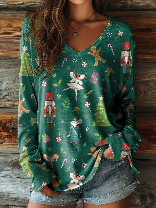 Women's Vintage Green Cute Christmas Pattern Art Print V-neck Cotton T-shirt