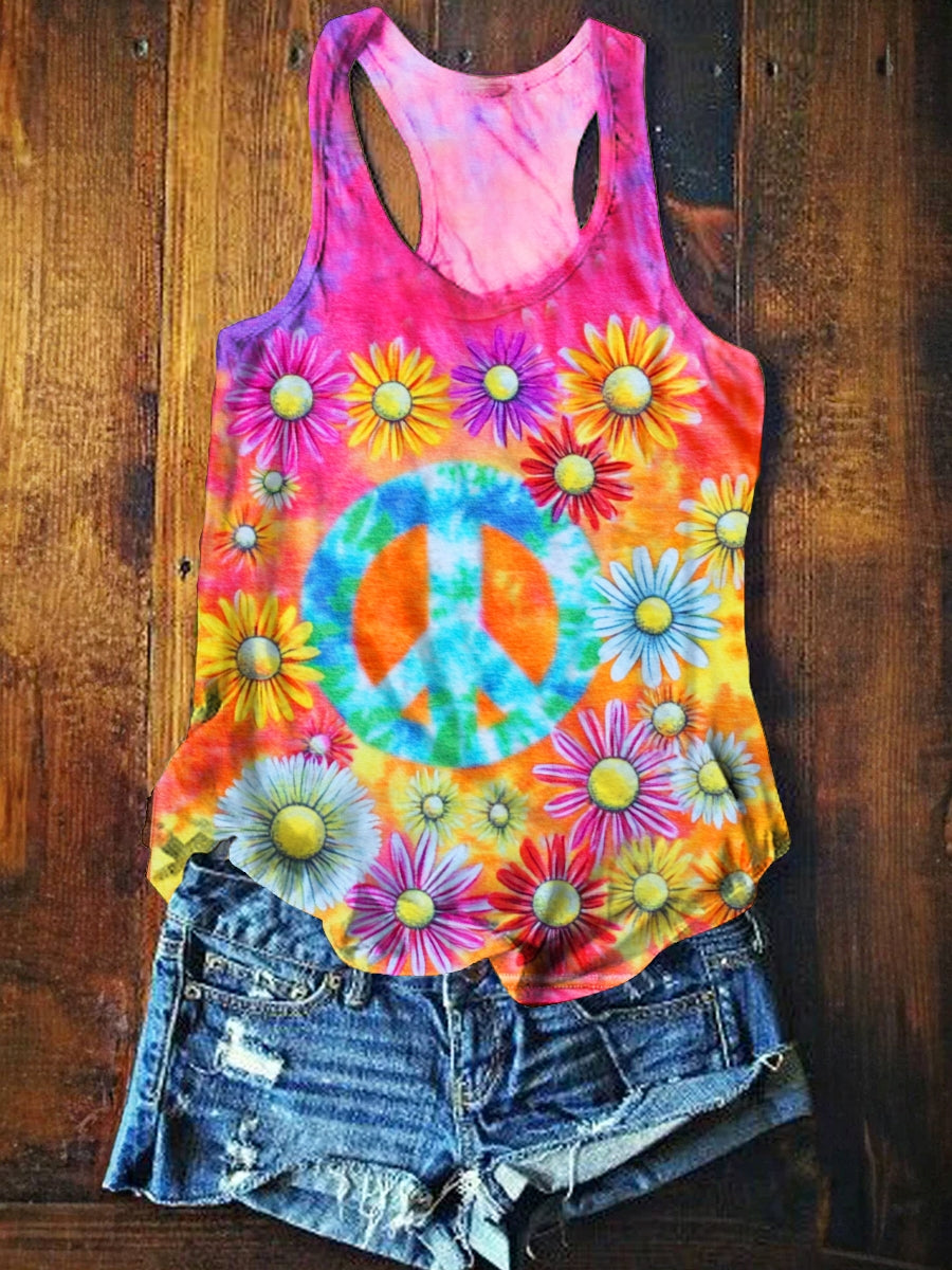 Women's Tie Dye Daisy Hippie Peace Art Print Crew Neck Tank Top