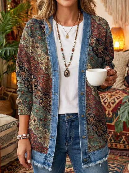 Ethnicity Flowers Geometry Color Blocks Women's Art Print Casual Long Sleeve Denim Patchwork Shirt Coat
