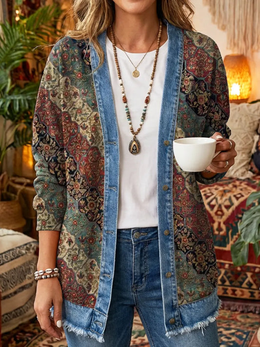 Ethnicity Flowers Geometry Color Blocks Women's Art Print Casual Long Sleeve Denim Patchwork Shirt Coat