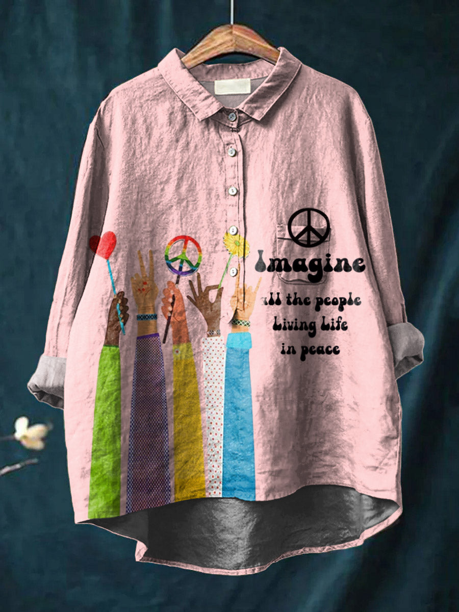 Imagine All The People Living Life in Peace Art Print Casual Cotton And Linen Shirt