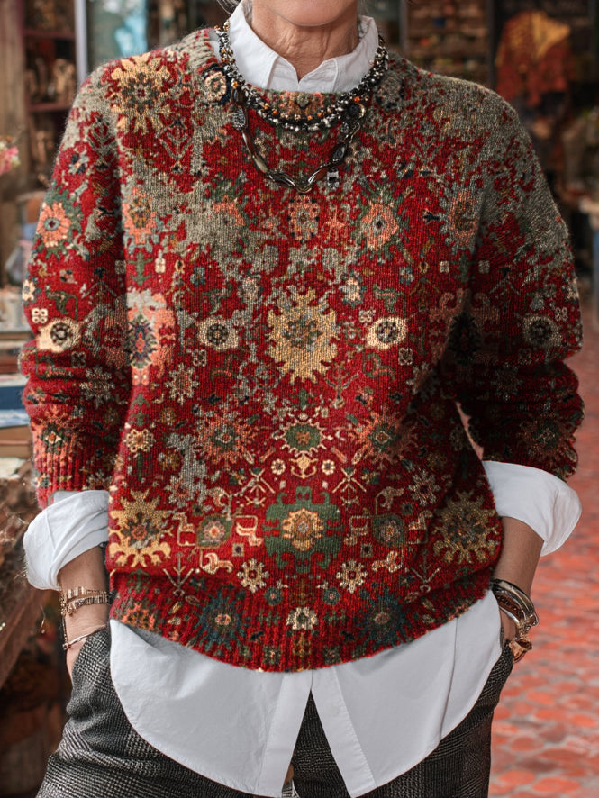 Ladies Vintage Ethnic Red Totem Art Prints Knit Casual Pullover Sweater