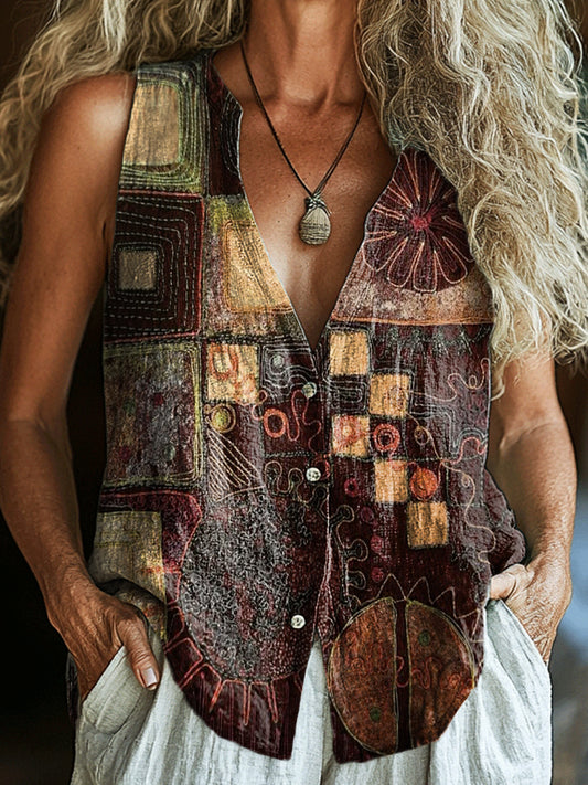 Women's Ethnic Collage Art Print Sleeveless Cotton Shirt