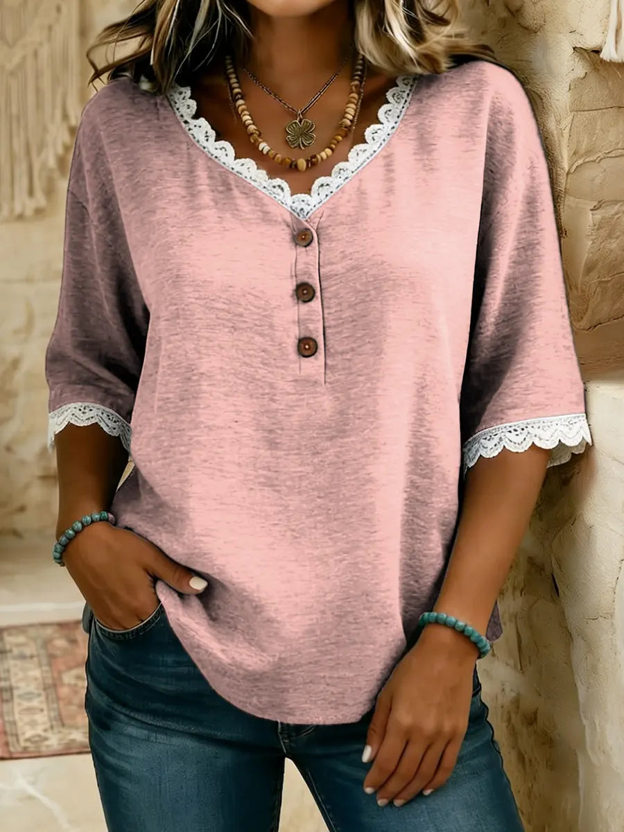 Women's V-Neck Lace Trim Cotton Top