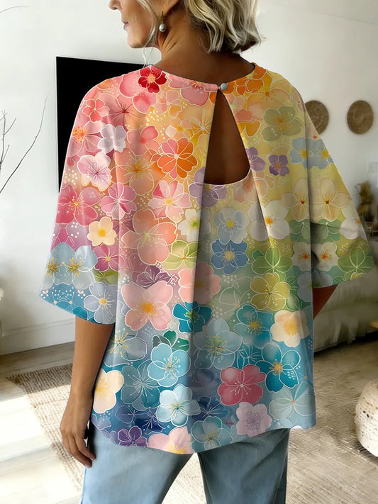 Ethnicity Colorful Flowers Women's Art Pirnt Round Collar Shirt Top