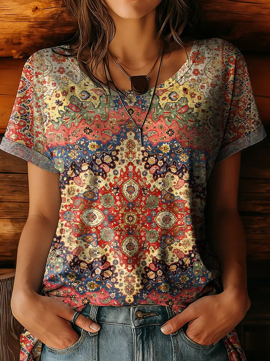 Women's Retro Colorful Ethnic Floral Art Print Crew Neck Cotton T-shirt