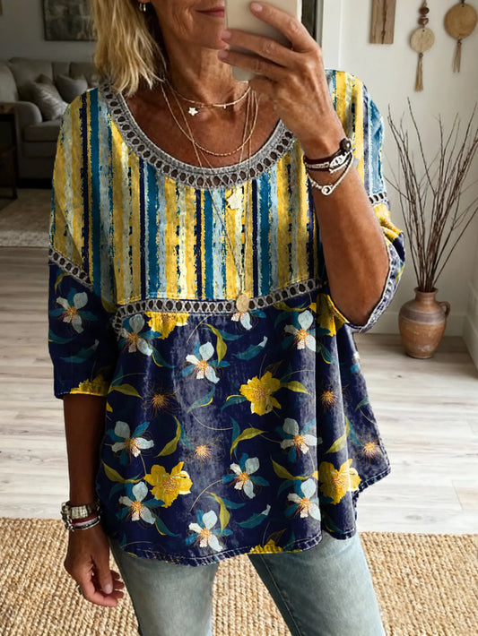 Women's Floral Pattern Art Print Casual Round Neck Lace-up Top