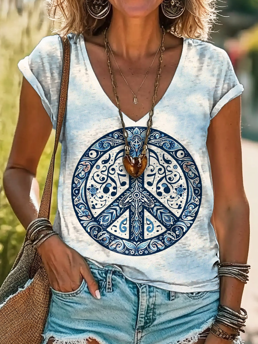 Women's Hippie Graphic Art Print Cotton V Neck T-Shirt