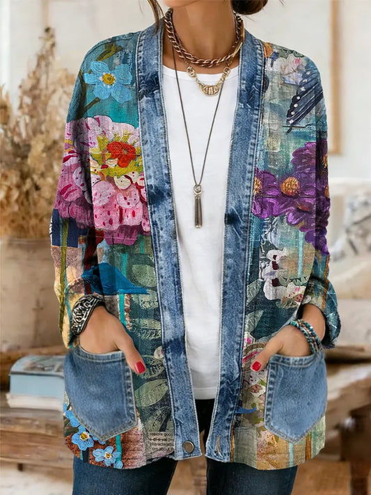 Women's Vintage Floral Art Print Casual Long-sleeved Comfortable Denim Patchwork Cardigan
