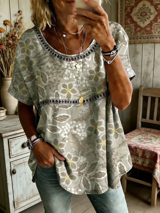 Women's Floral Art Print Round Neck Short Sleeve Hollow-Out Shirt