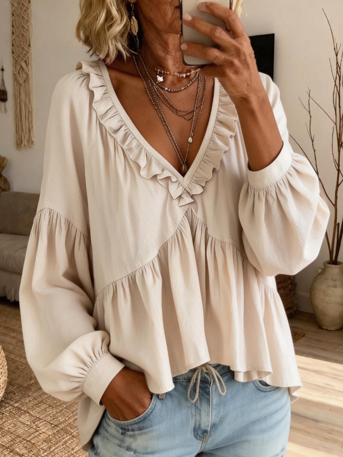Women's Casual Long-sleeved V-neck Ruffled Cotton Top