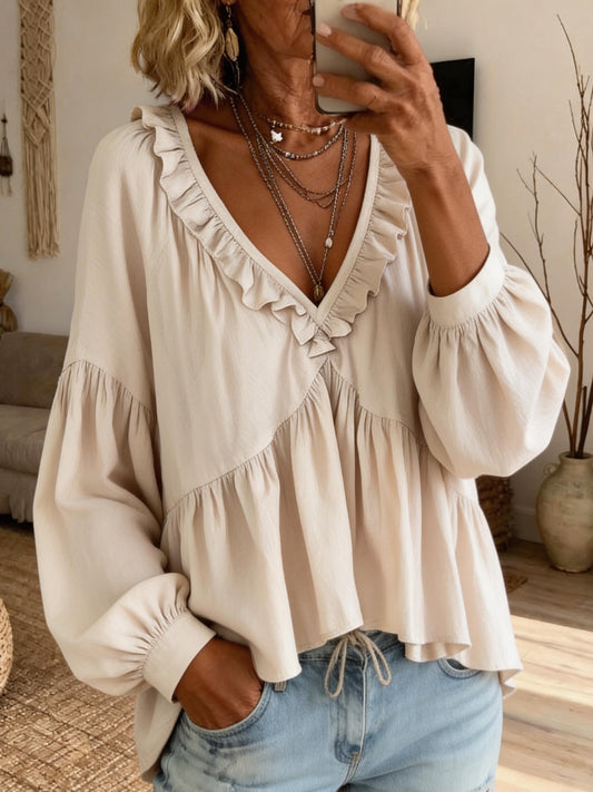 Women's Casual Long-sleeved V-neck Ruffled Cotton Top