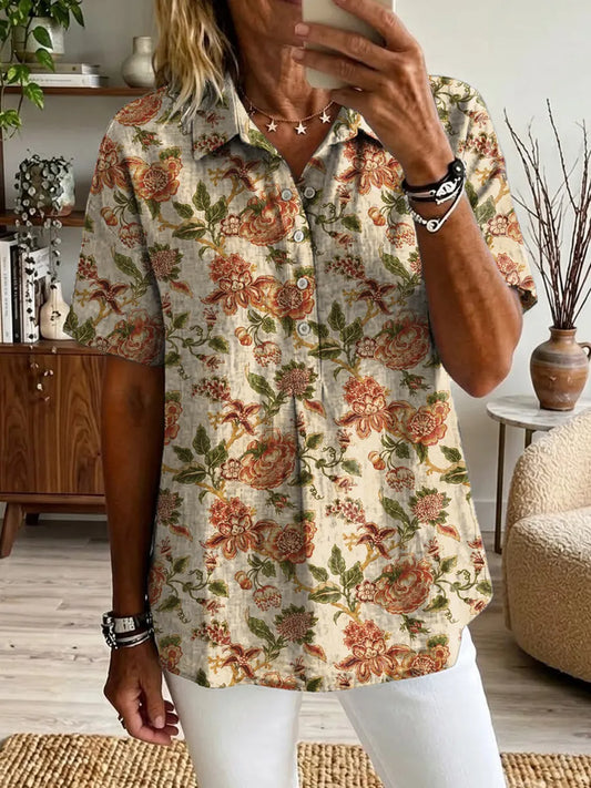 Vintage Flowers Women's Art Print Casual Short-sleeve Cotton Linen Shirt
