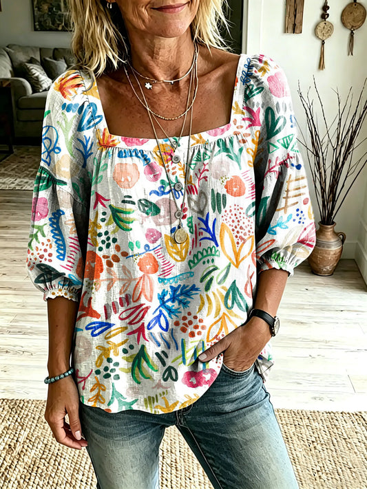Women's Retro Bohemian Pattern Art Print Casual Square-Neck Top