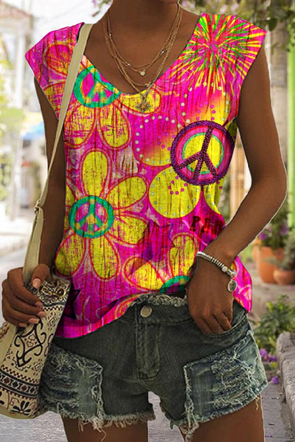 Hippie Art Love Peace Symbol Floral Print V-Neck Tank Top