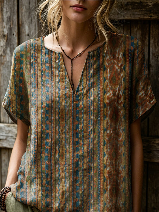 Women's Retro Ethnic Striped Art Print Casual Short-sleeve V-neck Cotton Linen Shirt