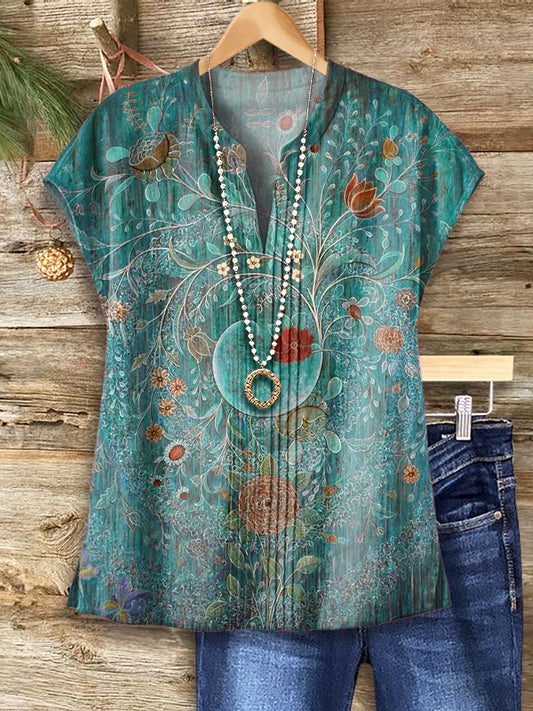 Women's Vintage Ethnic Floral Art Print Casual Short Sleeve Cotton And Linen Shirt