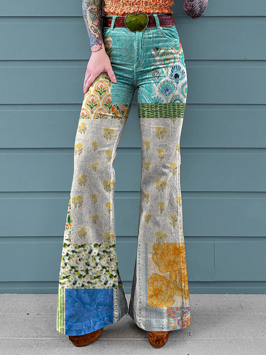 Women's Vintage Floral Patchwork Art Print Casual Wide Leg Pants