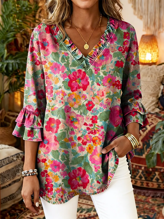 Ethnicity Flowers Women's Art Print Casual V-neck Ruffled Washed Top