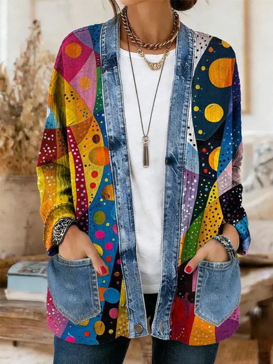 Women's Colorful Irregular Ripple Pattern Art Print Casual Long-sleeve Comfortable Denim Blend Cardigan