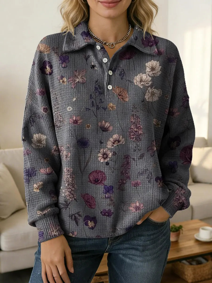 Vintage National Flower Purple Women's Print Casual Cotton Shirt