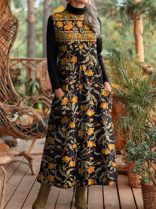 Ladies Vintage Ethnic Color Crash Floral Art Prints Elegant High Neck Pockets Knit Dresses