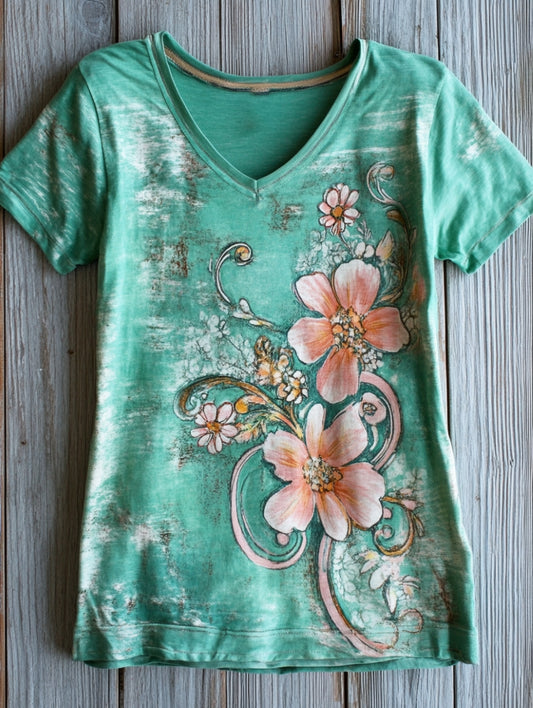 Women's Flower Art Print V-neck Casual T-Shirt