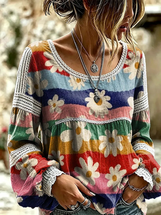 Women's Rainbow Stripe Daisy Print Lace Trim Blouse