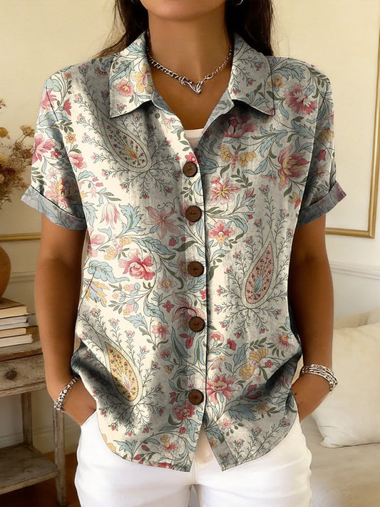 Women's Retro Bohemian Floral Art Print Casual Short-sleeve Cardigan Shirt