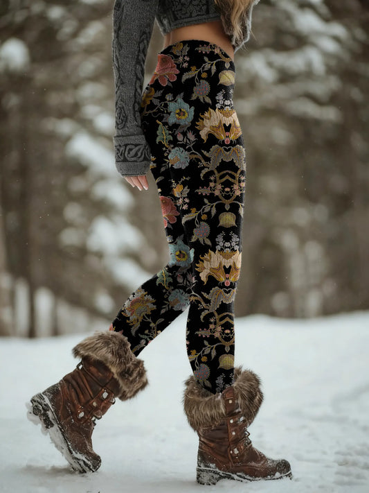 Women's Vintage Floral Pattern Art Print Knit Leggings