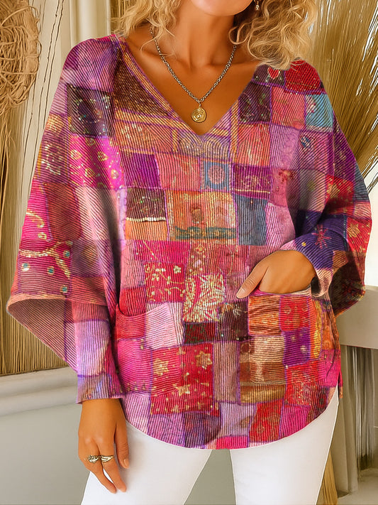 Bohemian Patchwork Art Print V-neck Pocket Knit Sweater