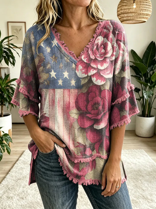 Women's Retro National Flag Floral Independence Day Art Print V-Neck Tasseled Cotton Top