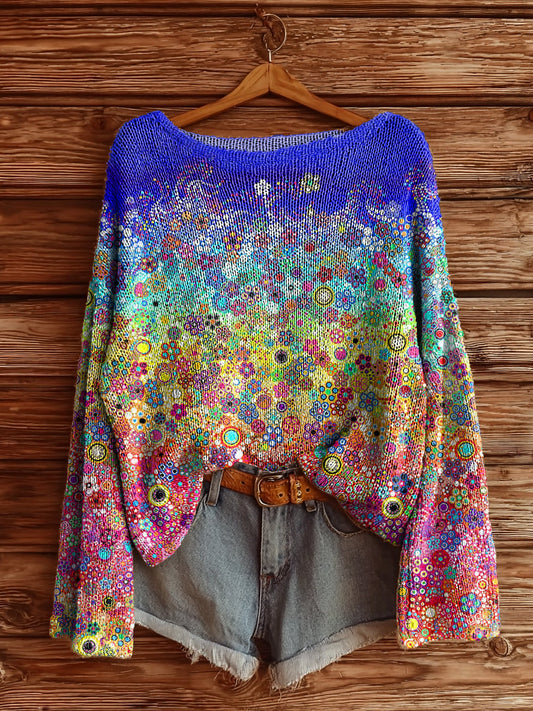 Women's Colorful Floral Art Print Casual Pullover Sweater