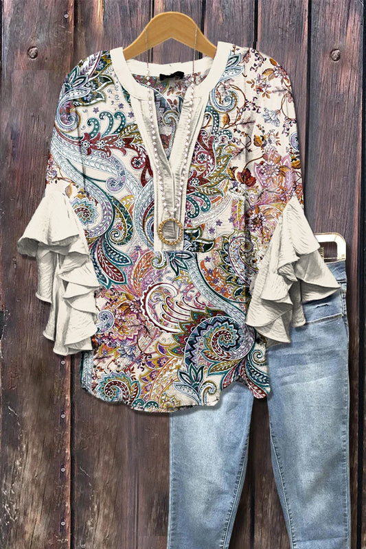 Elegant Paisley Print Ruffle Sleeve Top