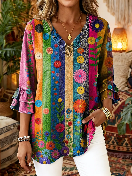 Women's Bohemian Floral Art Print Casual Ruffled Washed Shirt