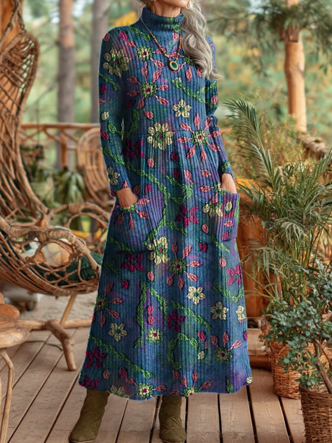 Women's Vintage Blue And Purple Gradient Floral Art Prints Elegant High Neck Pocket Knit Dresses