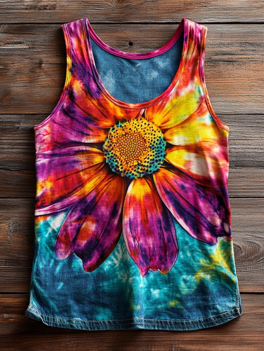 Unisex Tie-Dye Sunflower Art Print Crew Neck Cotton Vest