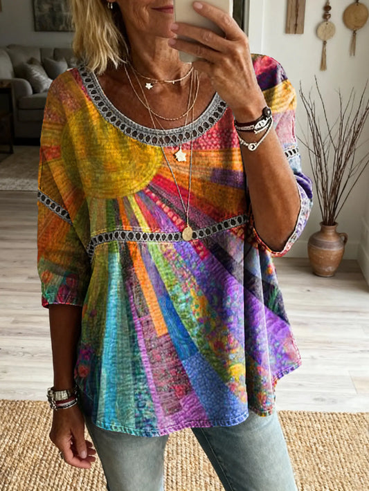 Women's Vintage Patchwork Colorful Sun Art Print Casual Round Neck Cutout Top