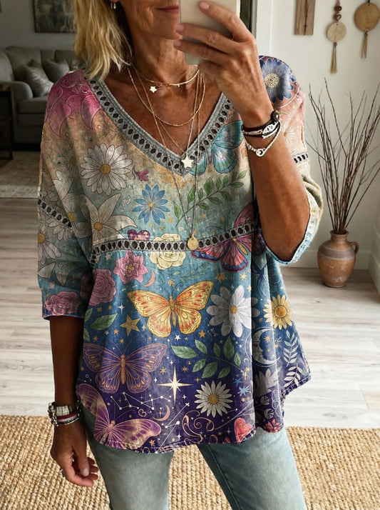 Women's Butterfly Floral Art Print Casual V-neck Lace-up Top