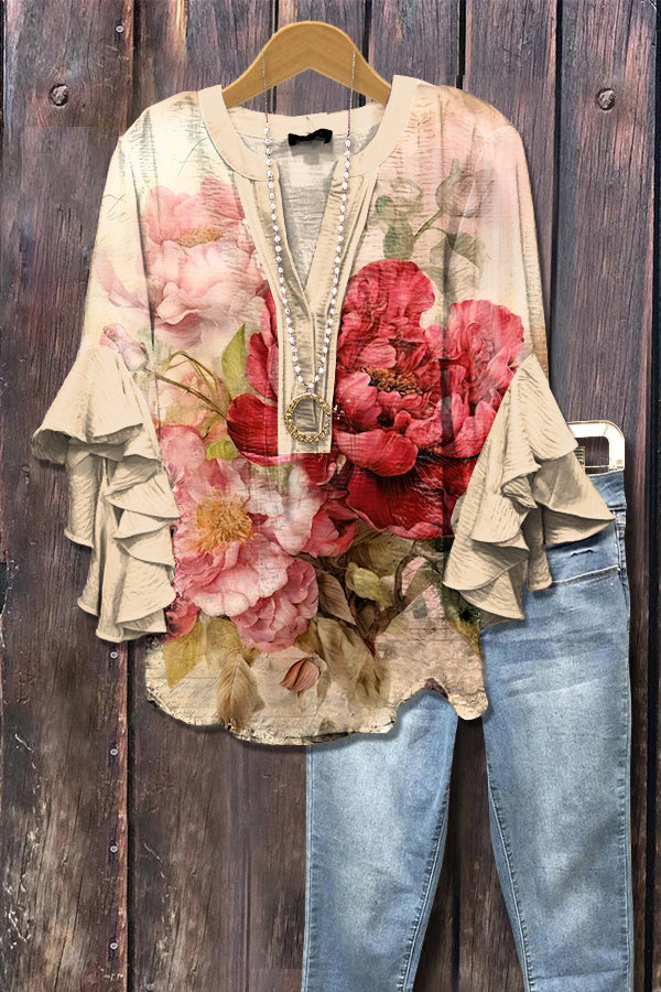 Elegant Floral Print Ruffle Sleeve Top