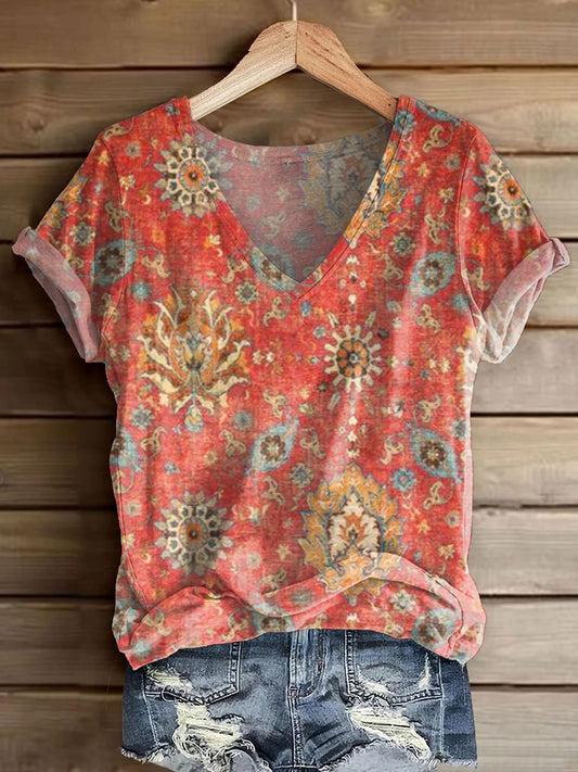 Women's Retro Ethnic Totem Art Print V-neck Casual T-Shirt